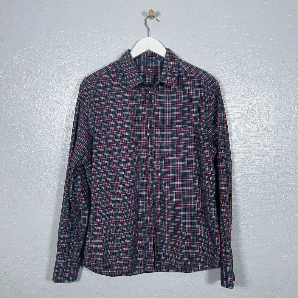 UNTUCKit Men L Walker Road Blue Red Plaid Long Sleeve Button Up Shirt Slim Fit - Picture 1 of 9